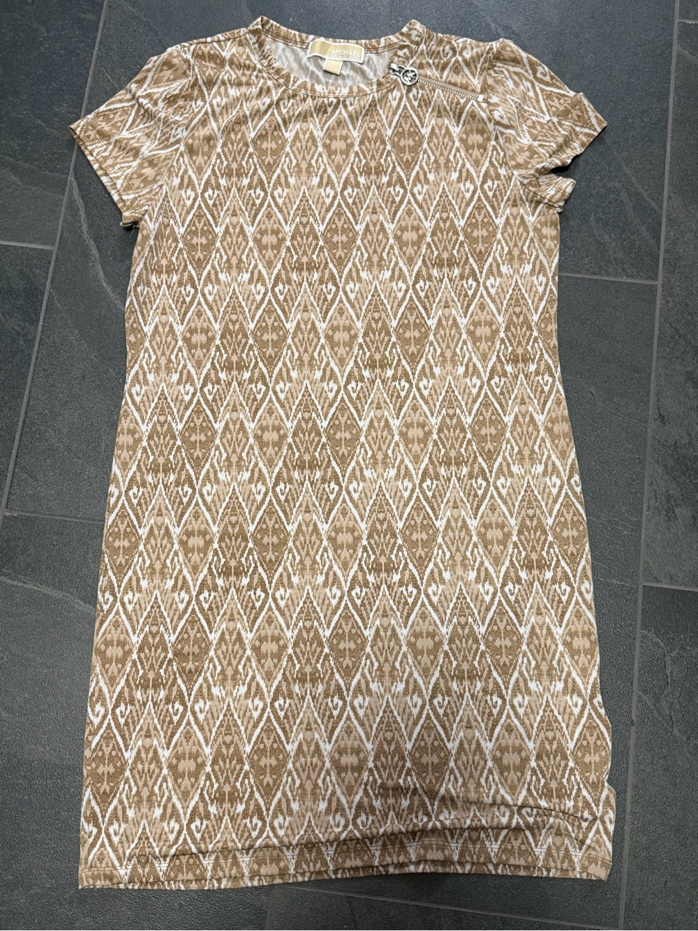 Michael Kors Tan and Cream Short Sleeve Patterned Dress